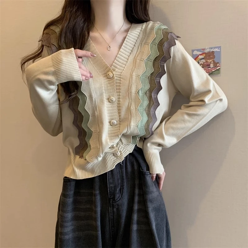 领长袖撞色花边针织衫女秋季新款洋气多巴胺单排扣小衫上衣