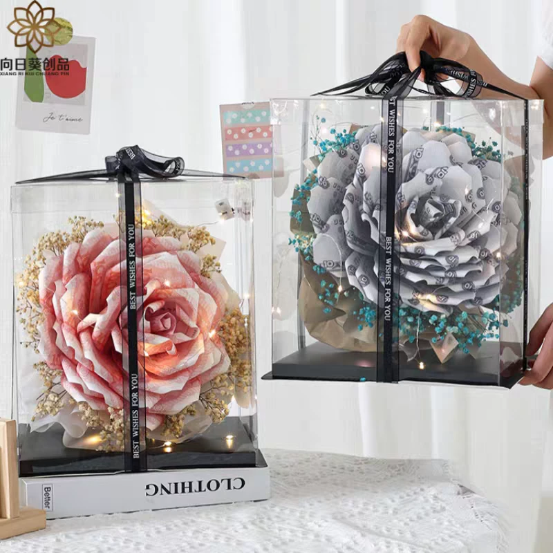 创意山茶花束透明礼盒花盒展示diy材料包套装花艺包装纸非成品