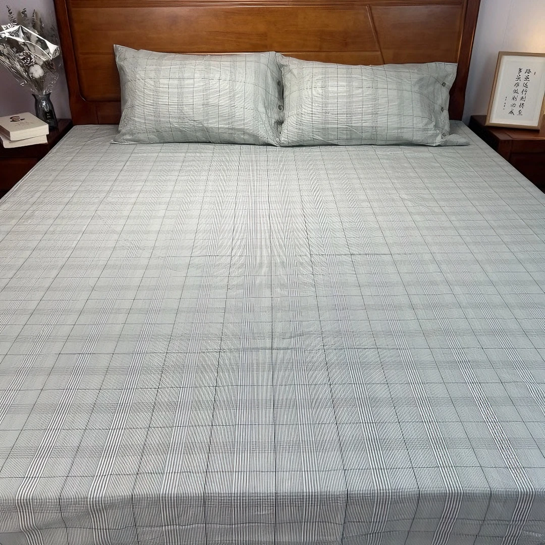 纯棉老粗布床单凉感全棉床单三件套大床夏季吸汗透气灰色格子复古