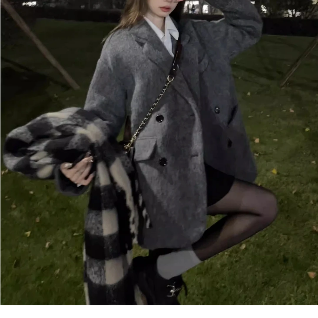 灰色西装式毛呢外套夹棉加厚呢子大衣女秋冬高级感2024新款小个子