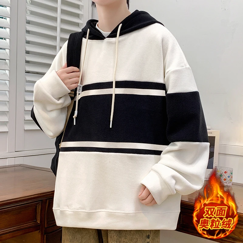青少年秋冬季新款休闲男百搭双面奥粒绒连帽卫衣宽松学生潮流帅气