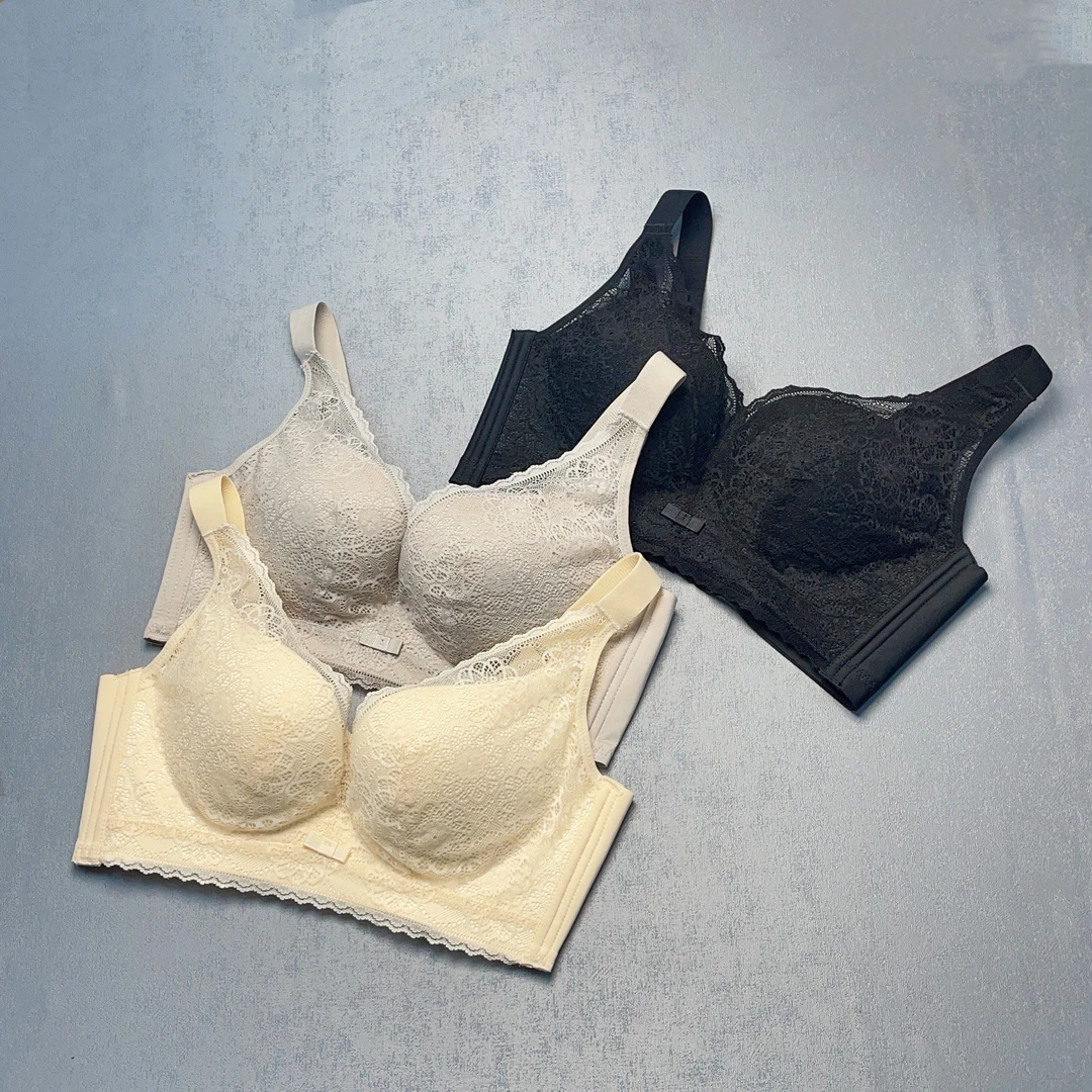 无钢圈乳木棉蕾丝MM内衣薄款侧收副乳大码防止外扩上托CD文胸