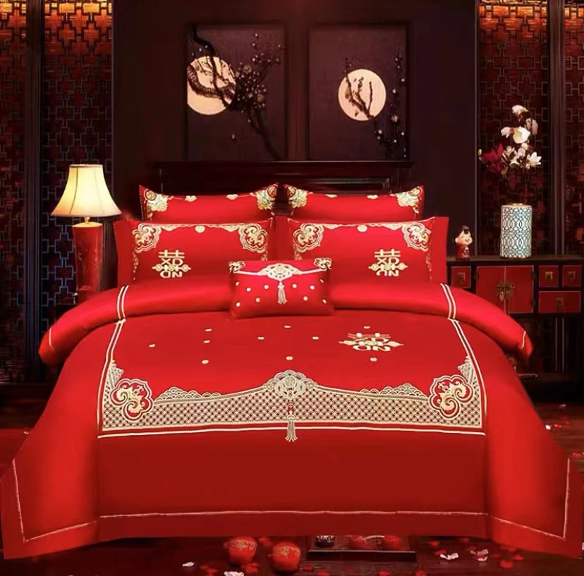 新婚庆大红全棉长绒棉刺绣结婚四件套婚床绣花婚庆刺绣中式