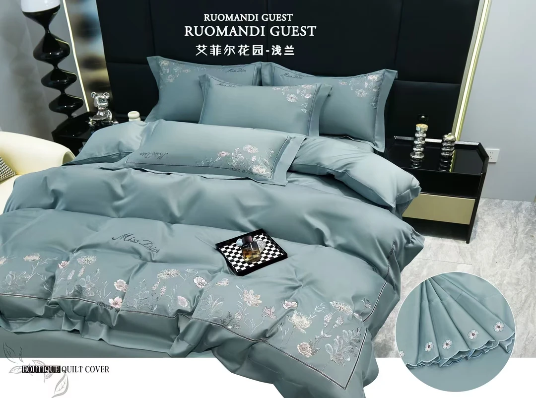 长绒棉明星四件套套件轻奢刺绣纯色优雅绣花长绒棉高档丝滑