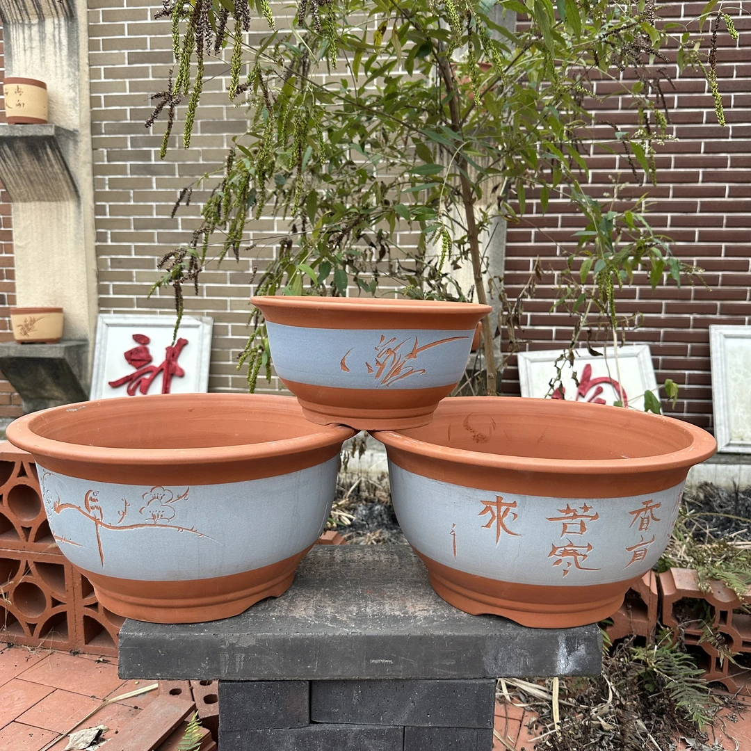 花盆陶瓷矮圆形大中小盆景盆绿植花盆透气盆矮金钟盆蓝红
