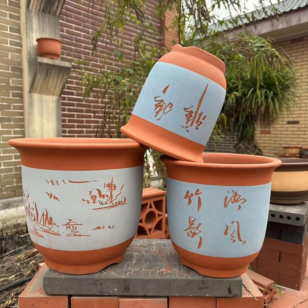 花盆紫砂陶瓷盆景盆绿植花盆透气吸水盆高金钟刻绘款蓝红