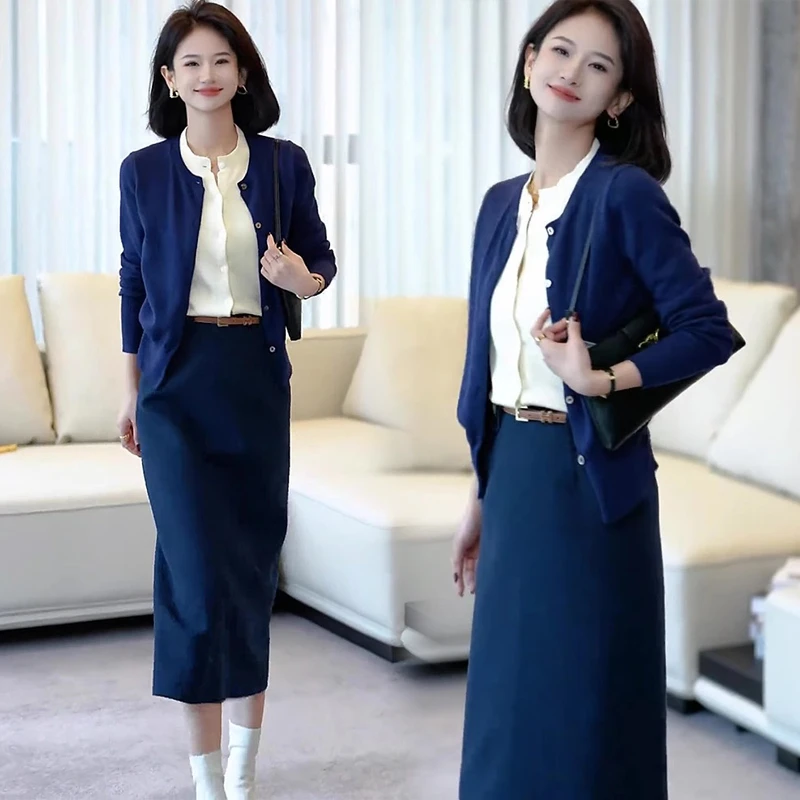 现货2024秋季新款女装时尚洋气时髦通勤假两件针织衫半身裙子套装