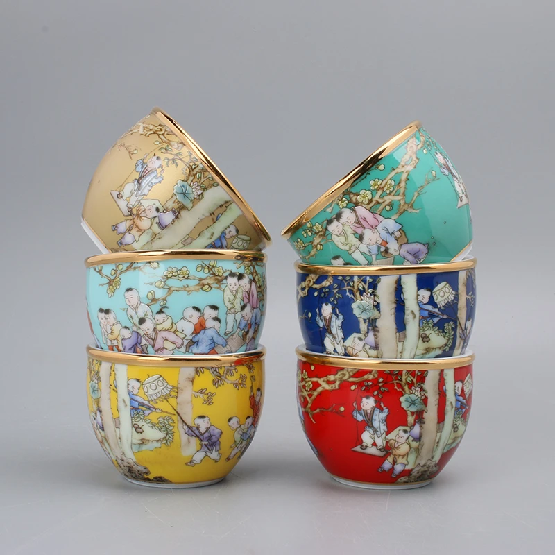 珐琅彩百子图系列风水缸主人杯手工镶金白瓷功夫茶容量约200ml