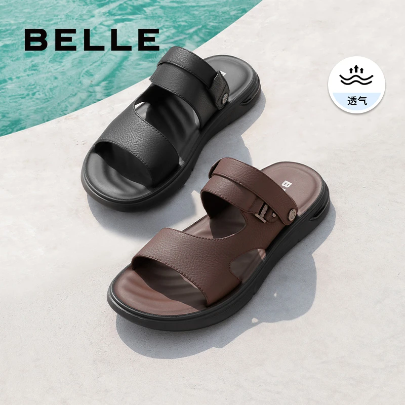 百丽透气休闲凉鞋男鞋夏季商场同款真牛皮软底外穿爸爸鞋7YG01BL3
