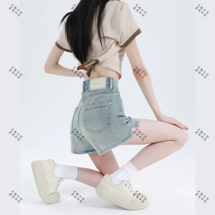 ins韩版高腰口袋刺绣设计感牛仔短裤女高腰a字阔腿裤子