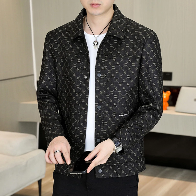 秋季男士夹克外套翻领印花商务休闲时尚百搭帅气男款修身上衣韩版