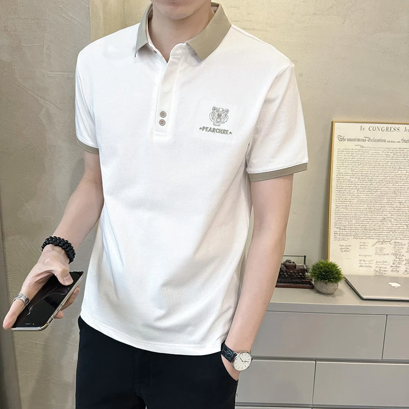 夏季短袖2024男休闲Polo字母刺绣时尚潮流珠地棉百搭透气短袖男T