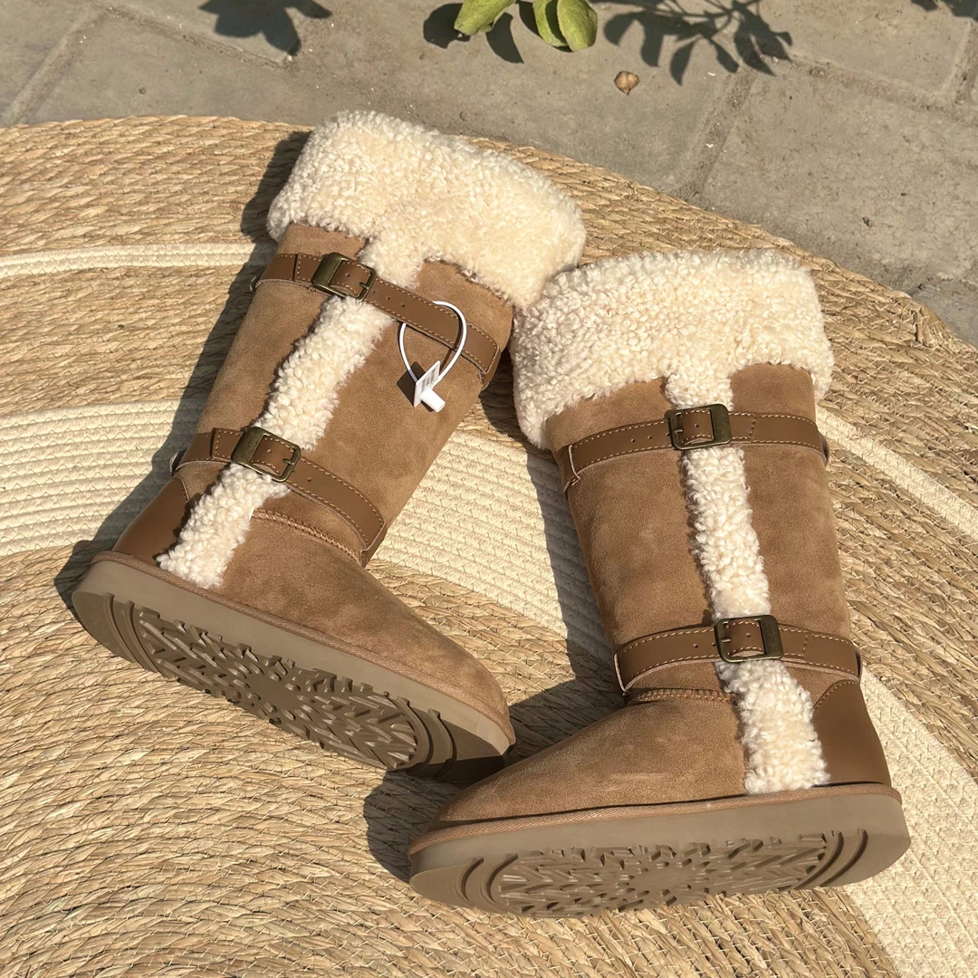 【桑坡】2024新款高筒翻毛骑士靴女士雪地靴羊皮毛一体保暖冬季棉靴