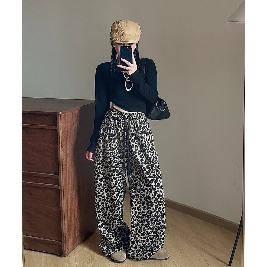 YUNING【经典再现】秋款美式复古街头风豹纹宽松显瘦直筒阔腿裤
