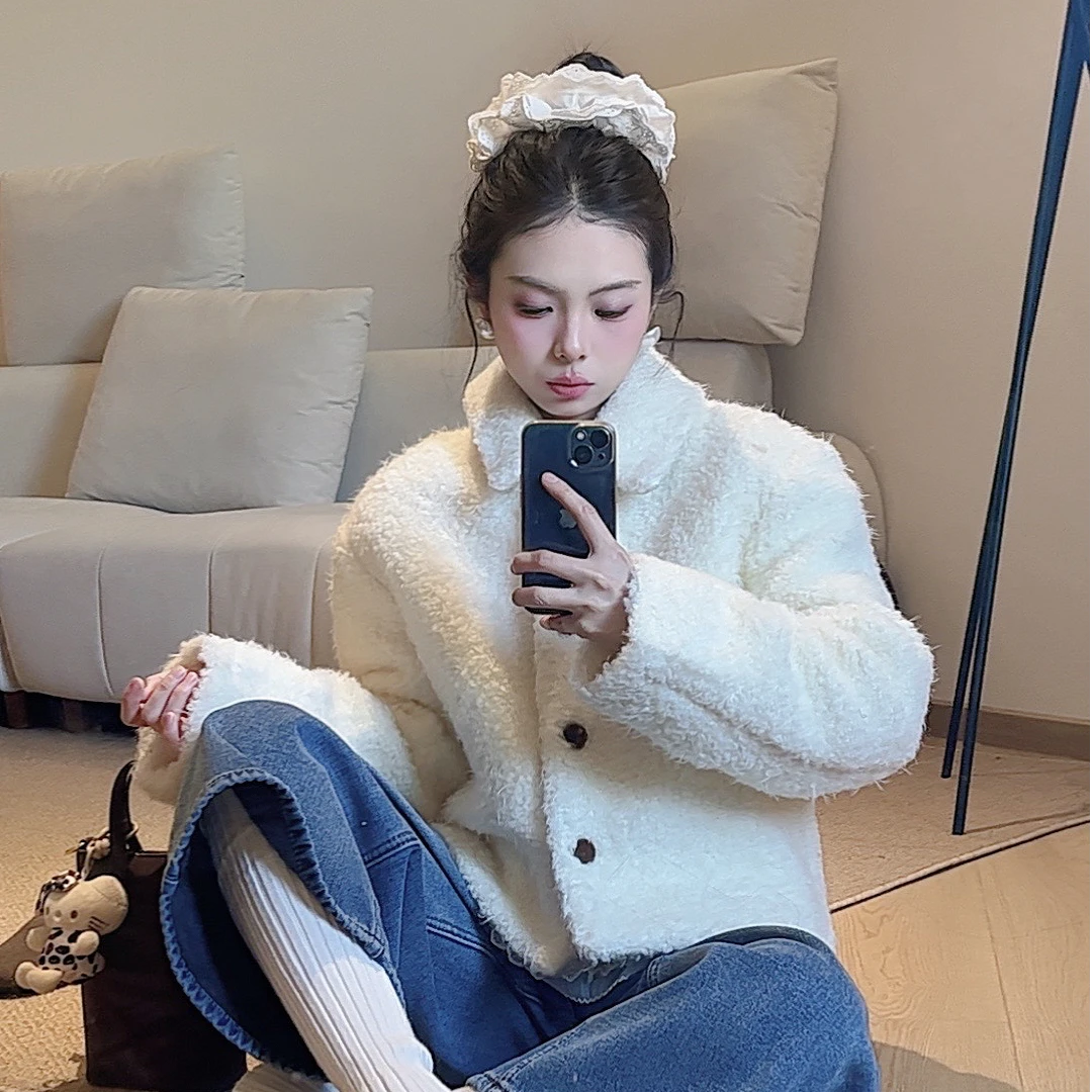 YUNING【雪山茶色】毛绒加厚小香风羊羔毛短款轻熟风充绒保暖外套