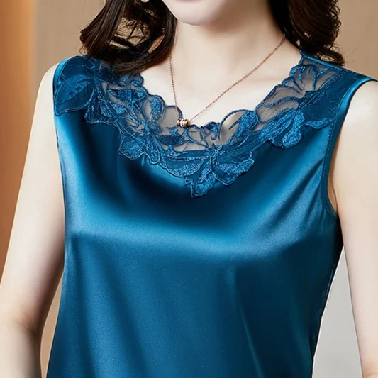 弹力缎面黑色花边领简约时尚内搭外穿无袖打底百搭春夏背心上衣女