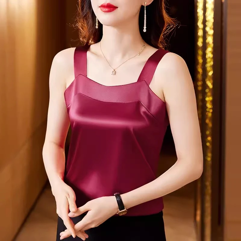 弹力缎面吊带内搭外穿背心女显瘦百搭打底夏季女士设计感无袖上衣