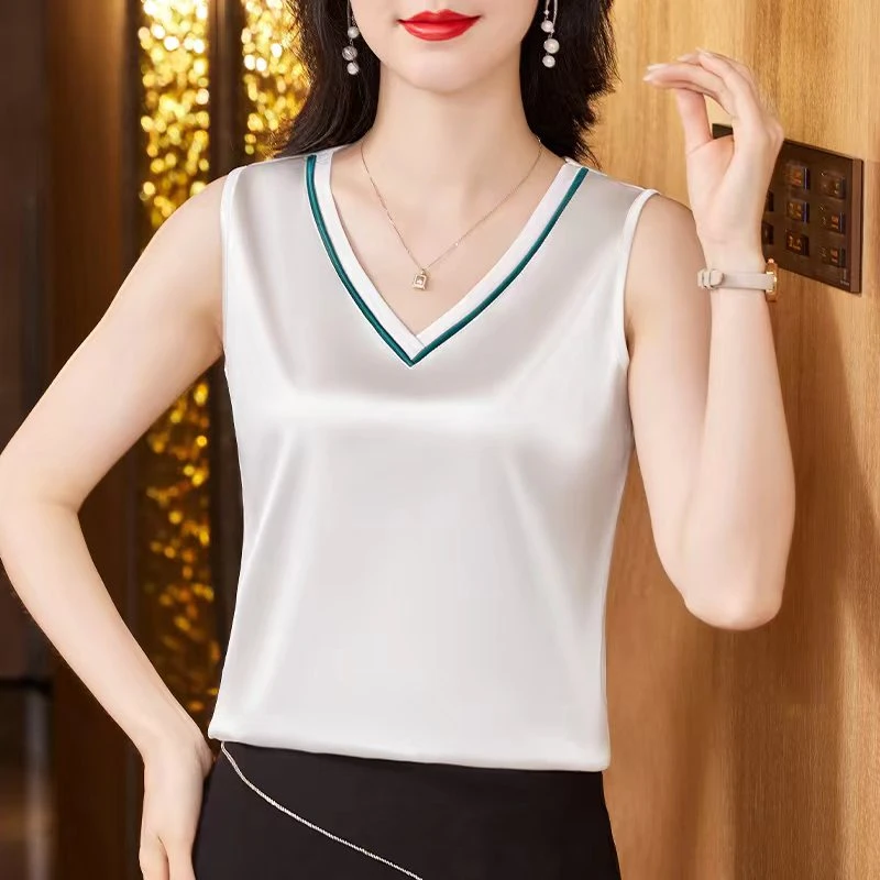 2025新款夏季弹力缎面V领内搭外穿吊带背心女打底宽松无袖上衣女