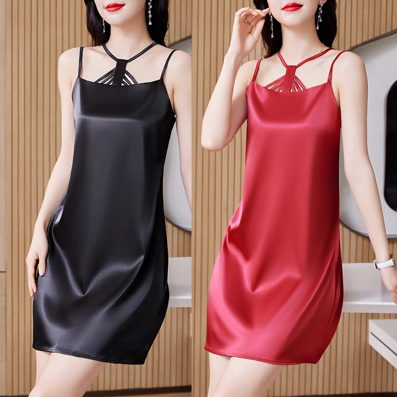 弹力缎面设计感吊带连衣裙简约时尚内搭外穿夏季大码女背心打底裙