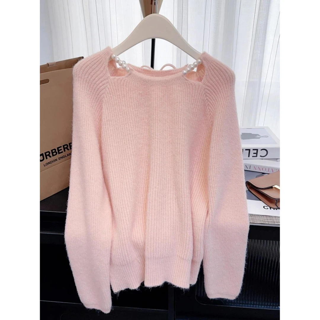 粉色甜美镂空珍珠长袖毛衣女秋冬新款可内搭外穿气质百搭别致上衣