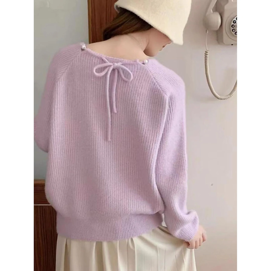 别致绝美软糯珍珠镂空圆领毛衣女秋冬新款温柔穿搭甜美系针织衫女