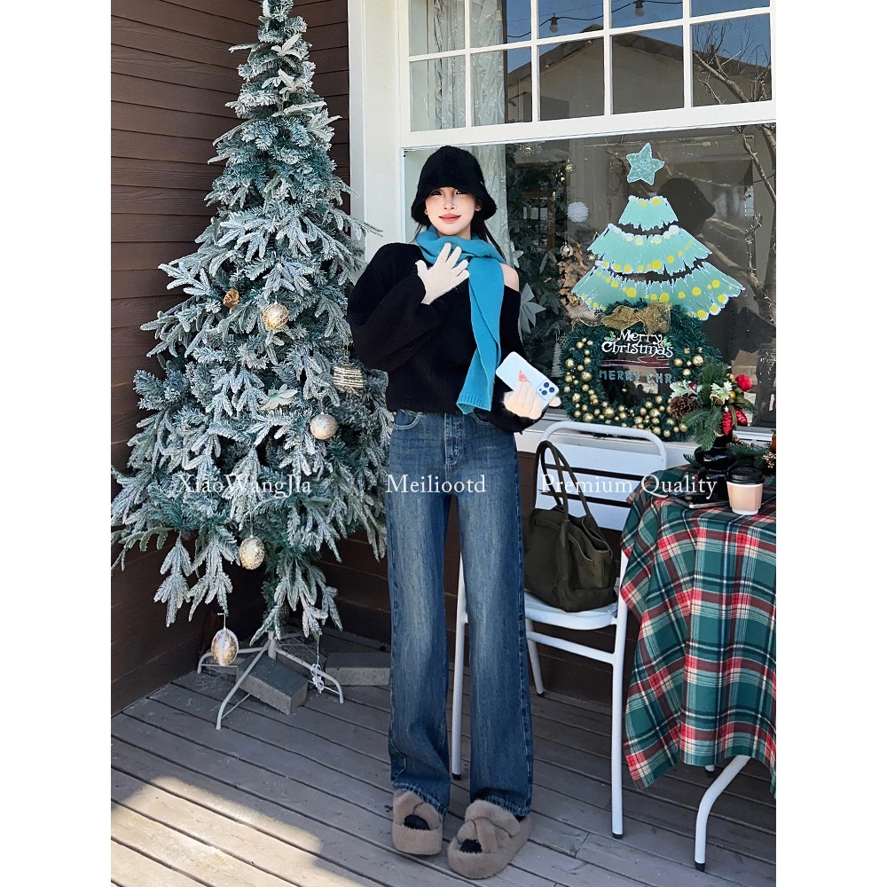 小王家/MEILI竹节纹韩版高腰阔腿裤春百搭显瘦拖地裤子宽松牛仔裤