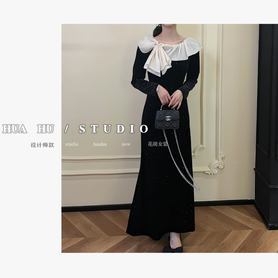 【人间奈儿】法式设计感蝴蝶结丝绒显瘦连衣裙千金bing