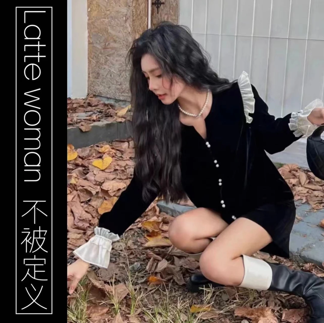 （米朵） 圆领拼接荷叶边单排扣丝绒长袖衬衫开衫上衣