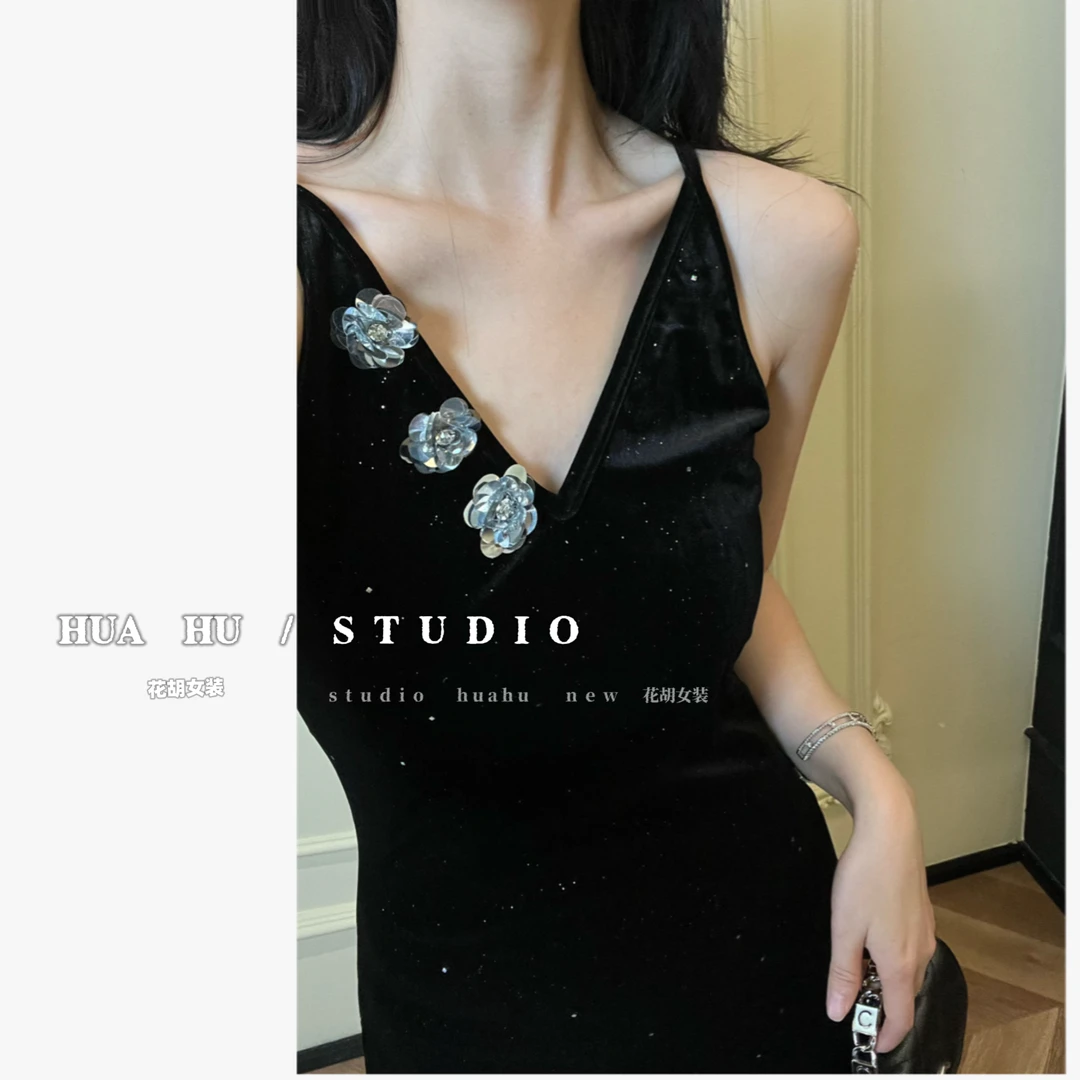 【暗月花】美奢｜定制｜清冷优雅手工花朵吊带连衣裙new