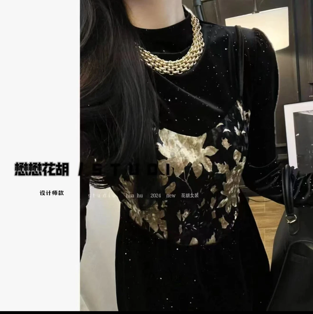 （喀秋莎）秋冬季新款韩版打底衫吊带复古显瘦连衣裙假两件显瘦胖mm