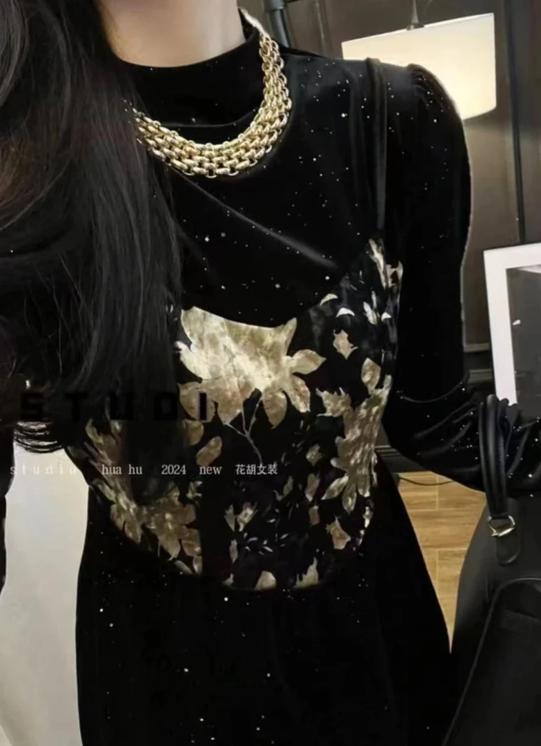 （喀秋莎）秋冬季新款韩版打底衫吊带复古显瘦连衣裙假两件显瘦胖mm