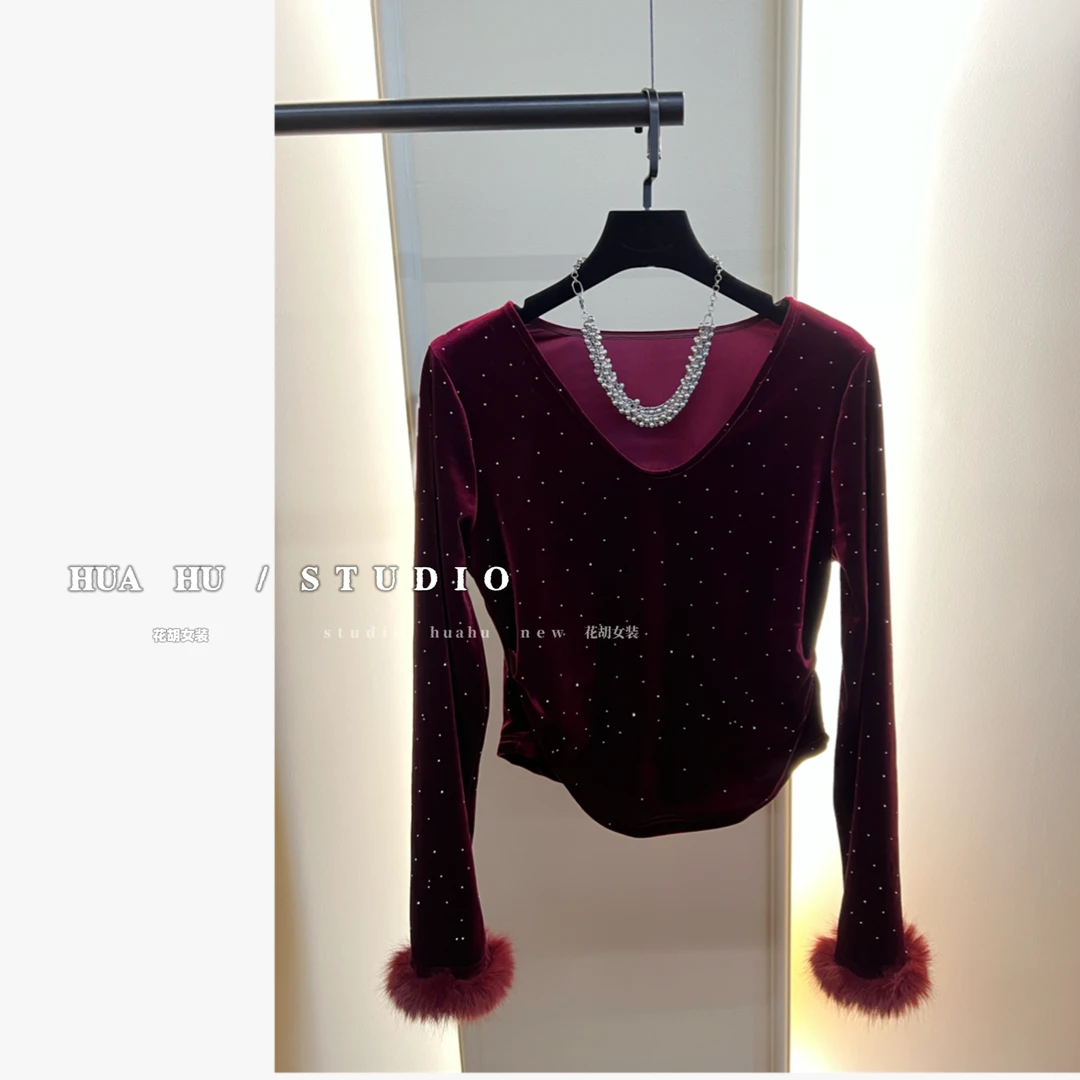 【香榭丽舍】法式系列美奢闪光烫钻拼接毛毛上衣new