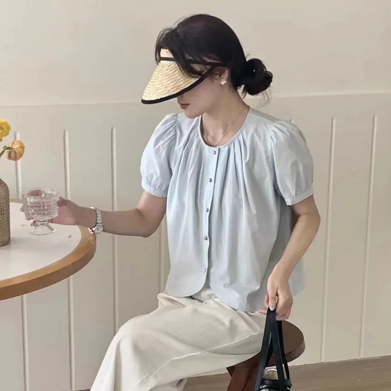 2025夏季显瘦法式褶皱泡泡短袖衬衫女设计感小众不规则气质