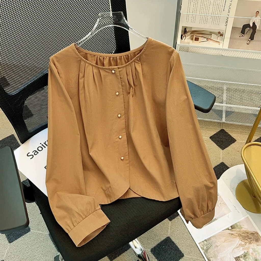 2025春季新款韩版简约百搭圆领单排扣宽松休闲长袖衬衫上衣小衫女