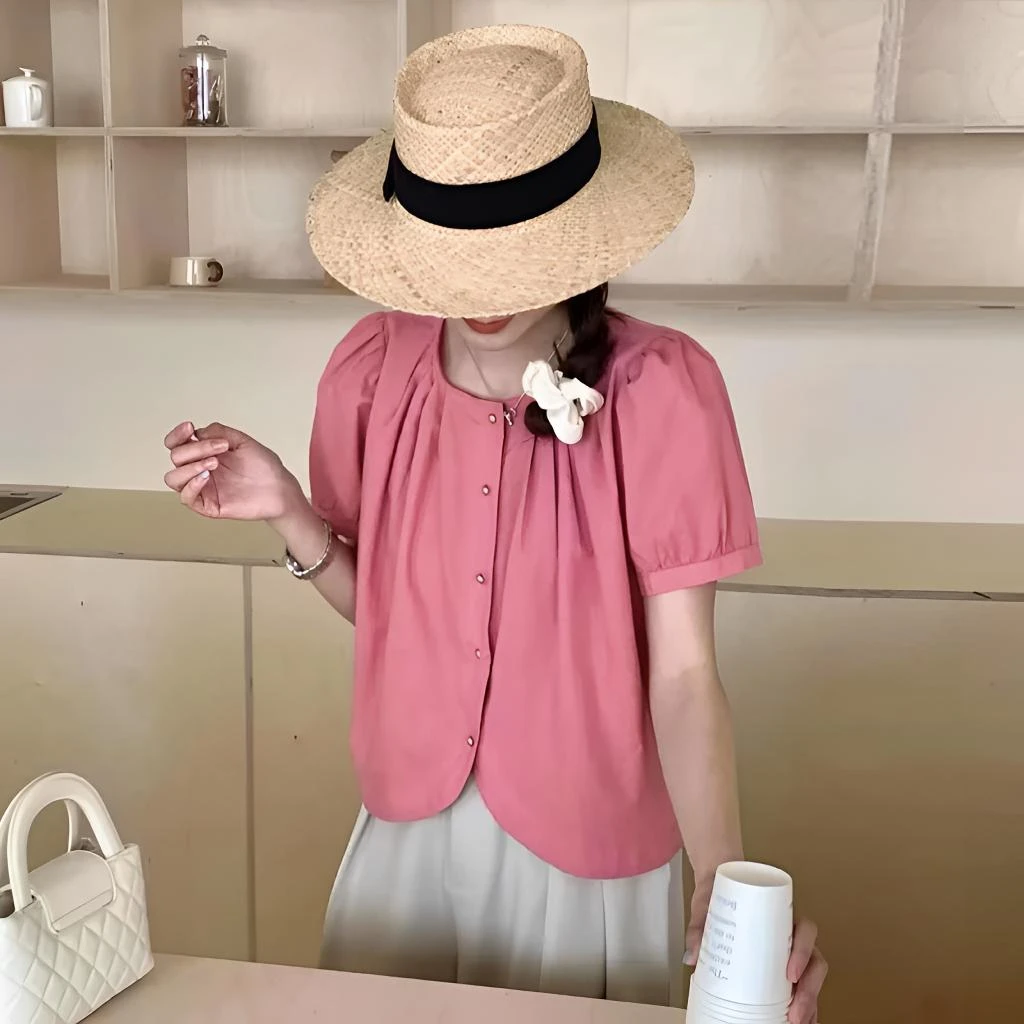 2025夏季显瘦法式褶皱泡泡短袖衬衫女设计感小众不规则衬衣短袖女