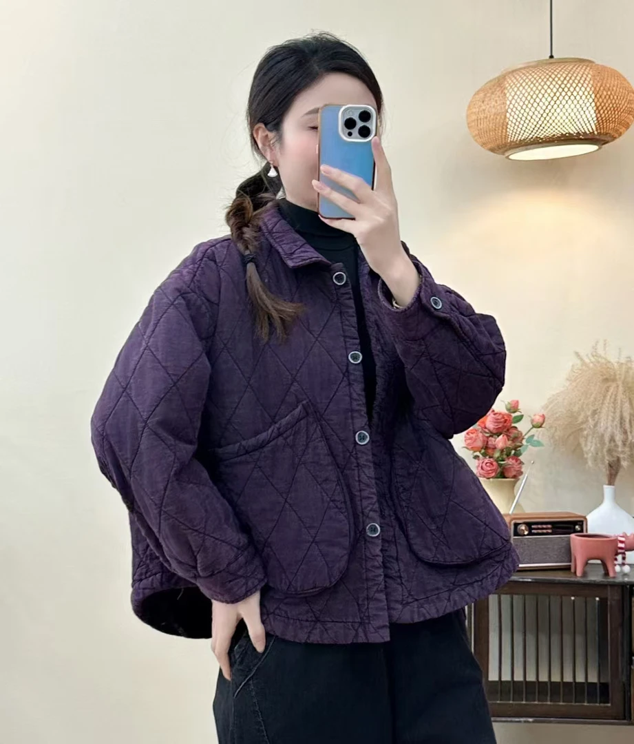 复古炒色棉麻方领保暖女棉衣宽松菱格外套上衣网红秋冬