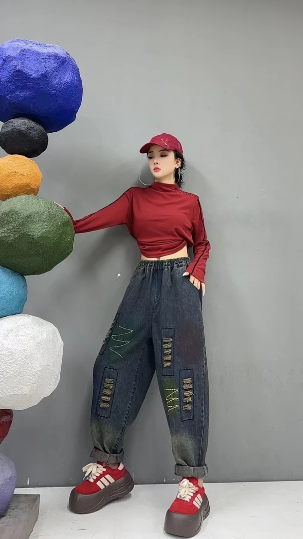 7111秋款牛仔裤长裤时尚休闲百搭复古宽松水洗