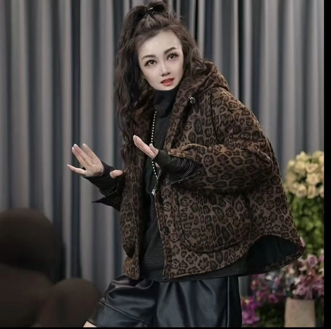 洋气连帽豹纹棉服秋冬高定款时尚宽松长袖