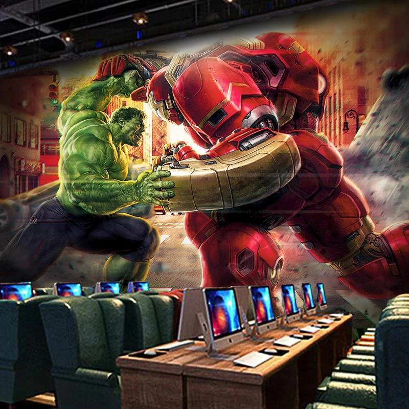3D怀旧漫威复仇者联盟主题壁纸绿巨人钢铁侠壁画酒吧餐厅背景墙纸