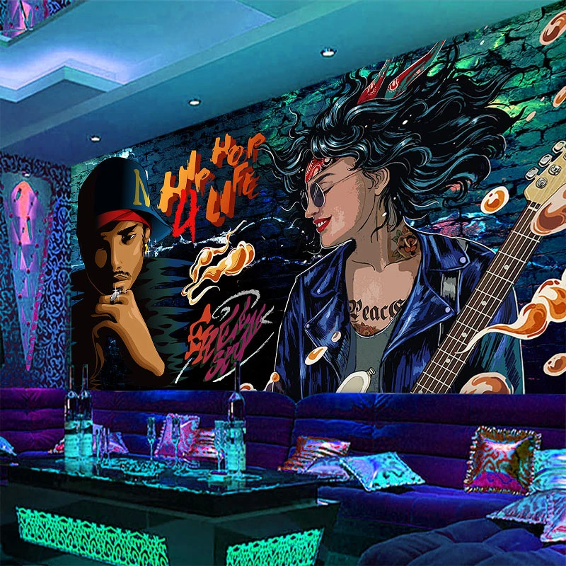 西海岸嘻哈涂鸦音乐墙纸个性舞蹈街舞酒吧KTV壁画墙布酒店街舞