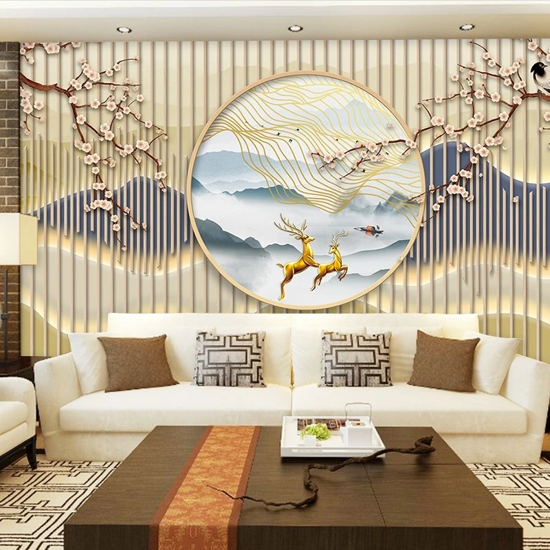现代新中式墙纸3d立体山水壁画养生足疗店茶室背景墙布采耳馆壁纸