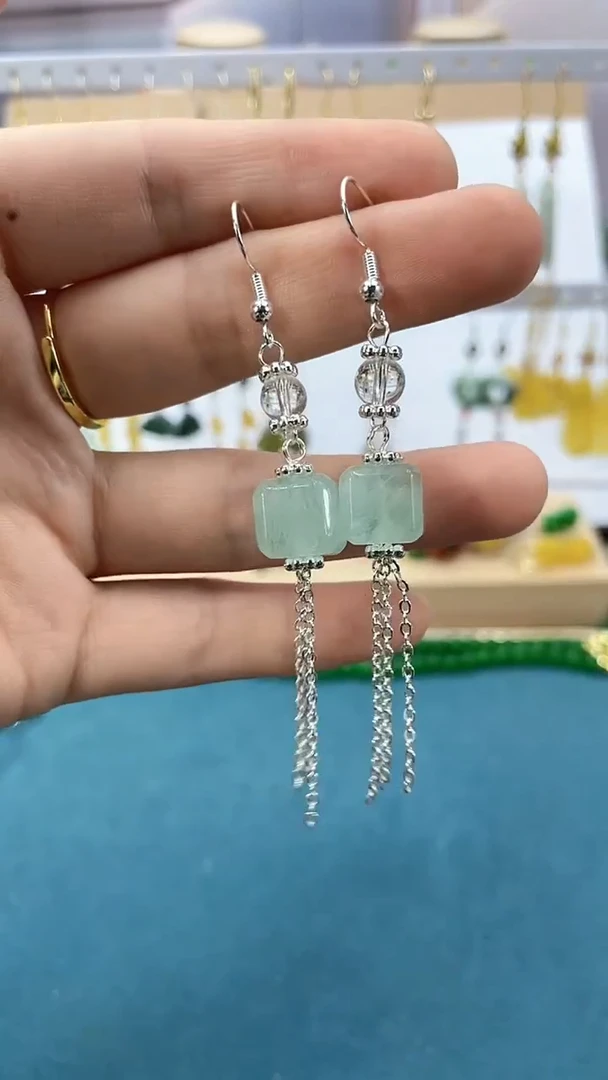 【闪购商品】海蓝宝石耳饰银S925镶嵌海蓝宝方糖耳钩