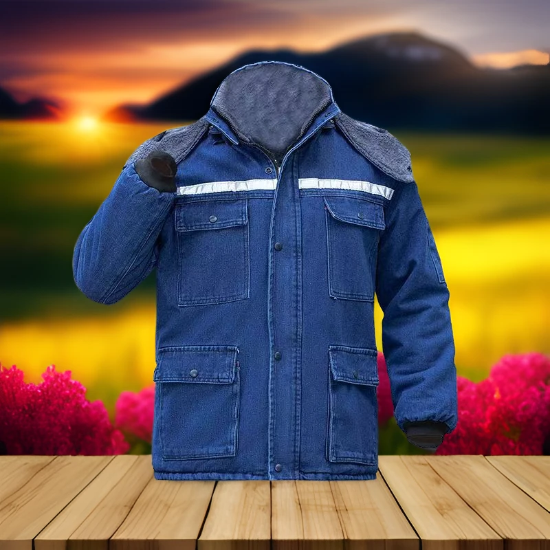 冬季牛仔中长款棉服工作服加绒加厚反光条棉上衣防寒耐穿保暖棉衣
