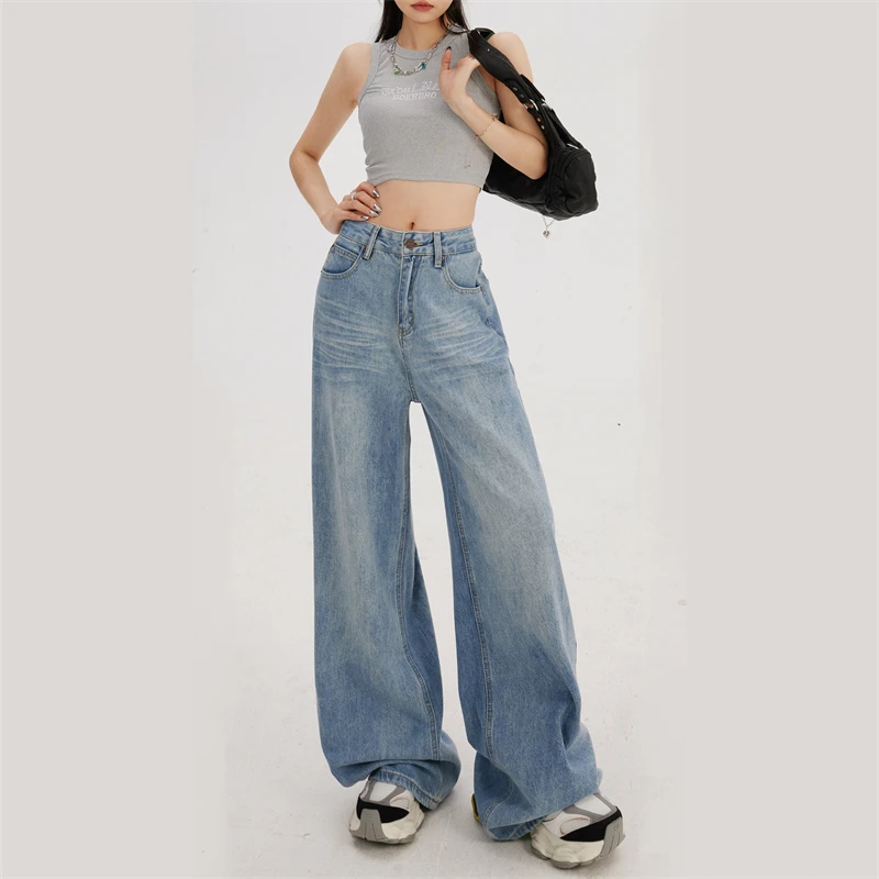 ZAVK美式复古高腰阔腿牛仔裤女新款褶皱垂感拖地宽松显瘦长裤