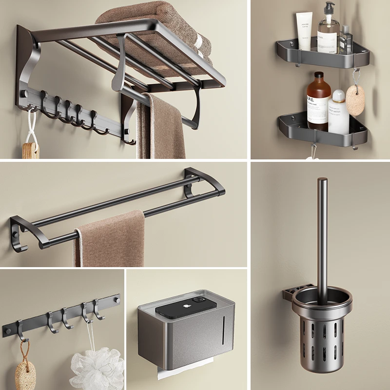 卫小二太空铝免打孔毛巾架五金套装卫生间置物架加厚双层安装折叠