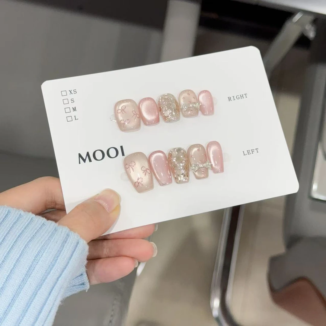 玫瑰金蝴蝶结波点-纯手工美甲 可重复穿戴 十片装