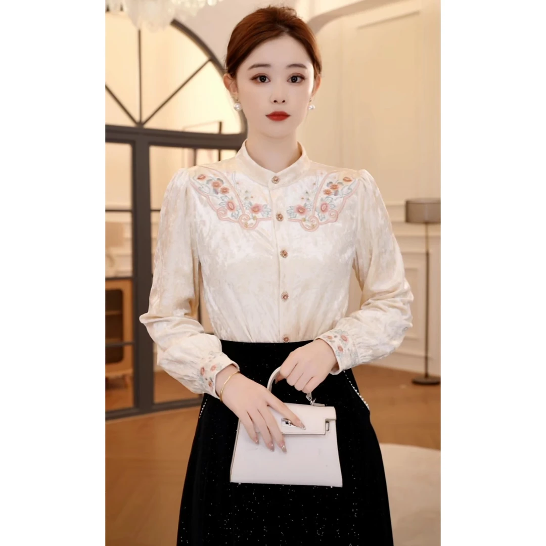 【嘉嘉JIANG】花梦蝶黛 轻奢彩色刺绣丝绒衬衫/洋气半裙 XJ244A3076