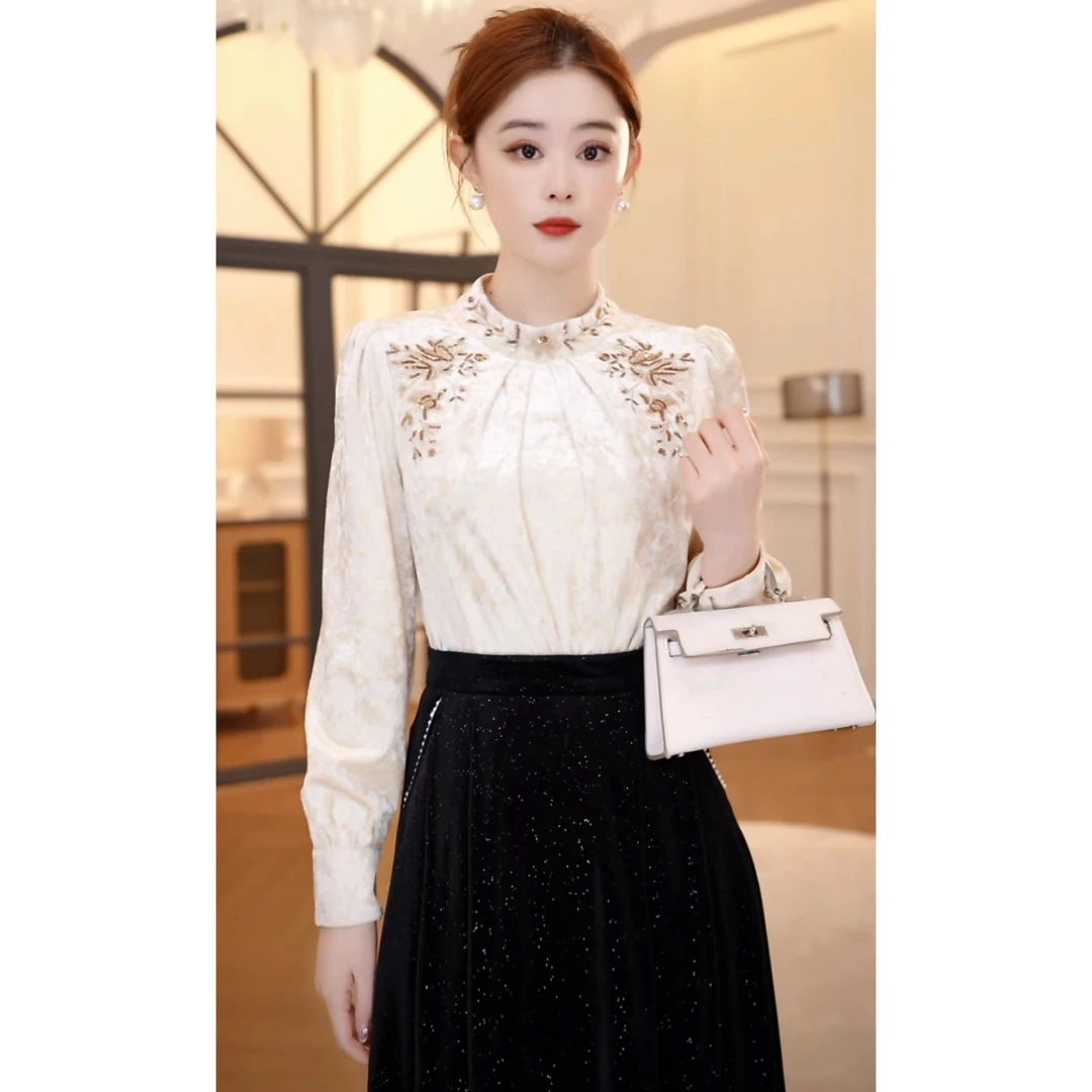 【嘉嘉JIANG】玫瑰雾香 轻奢气质丝绒加绒衬衫/洋气半裙 XJ234A3066