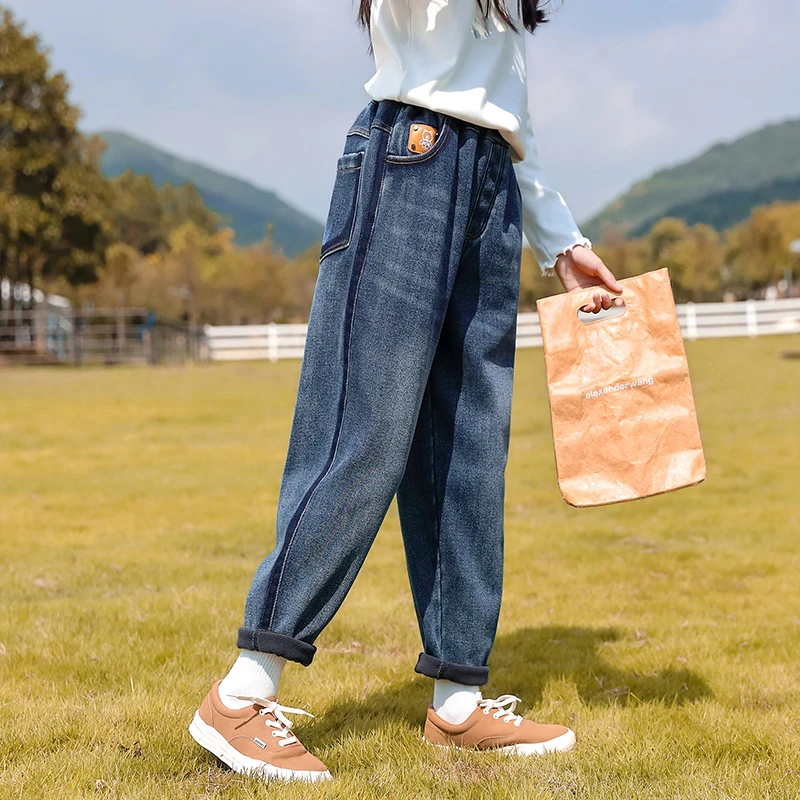 女童裤子2022新款儿童秋冬休闲宽松牛仔裤女大童冬加绒长裤22507