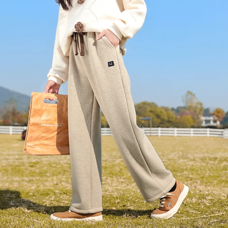 女童裤子秋冬款2023新款儿童冬季加绒裤女孩一体绒阔腿长裤22693